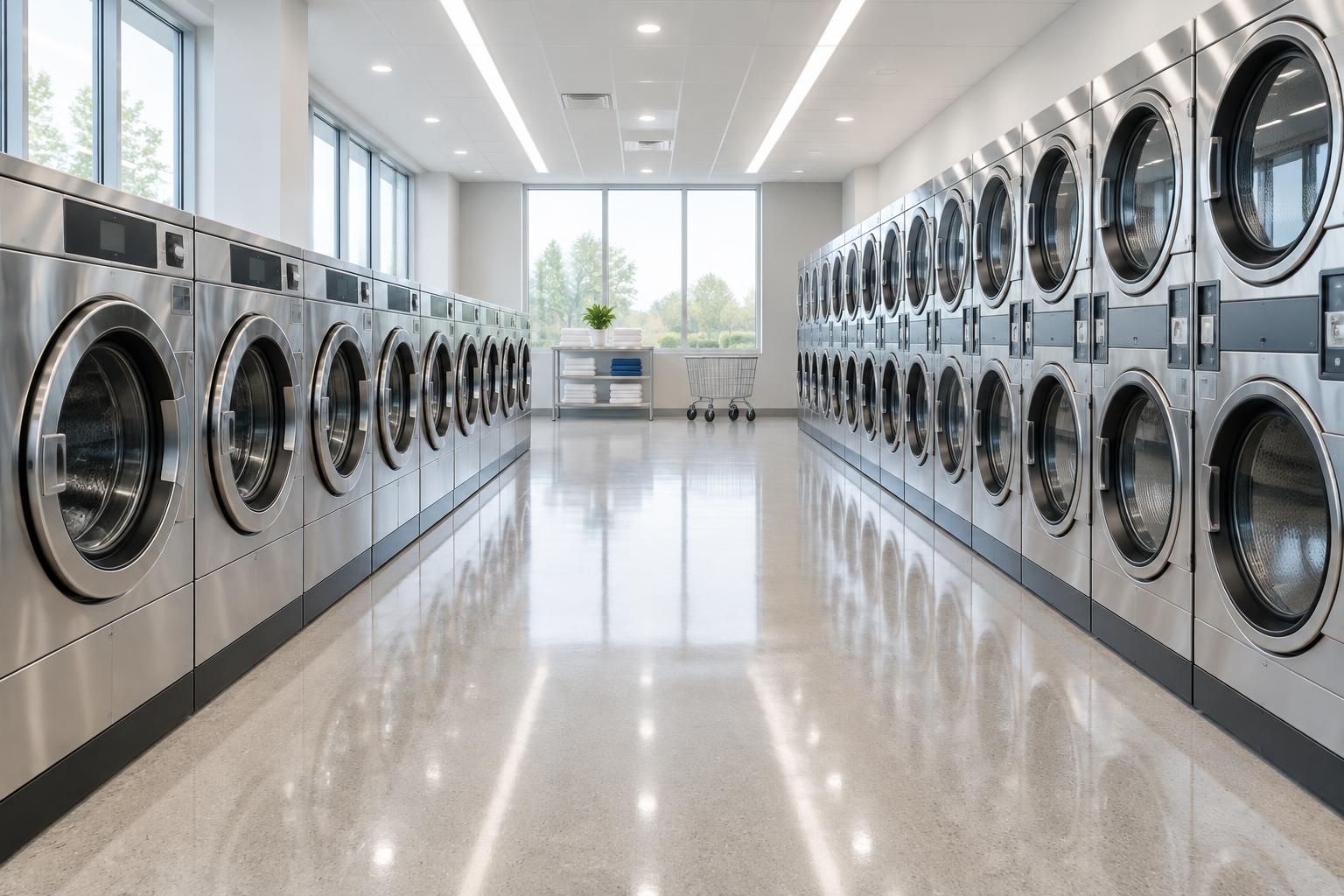 A laundromat floor with two rows of machines