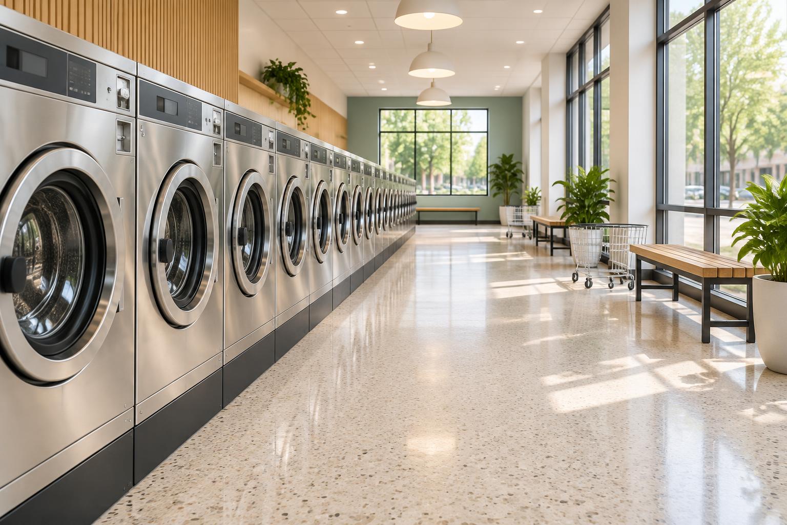 A bright laundromat interior with a row of stainless steel commercial washers