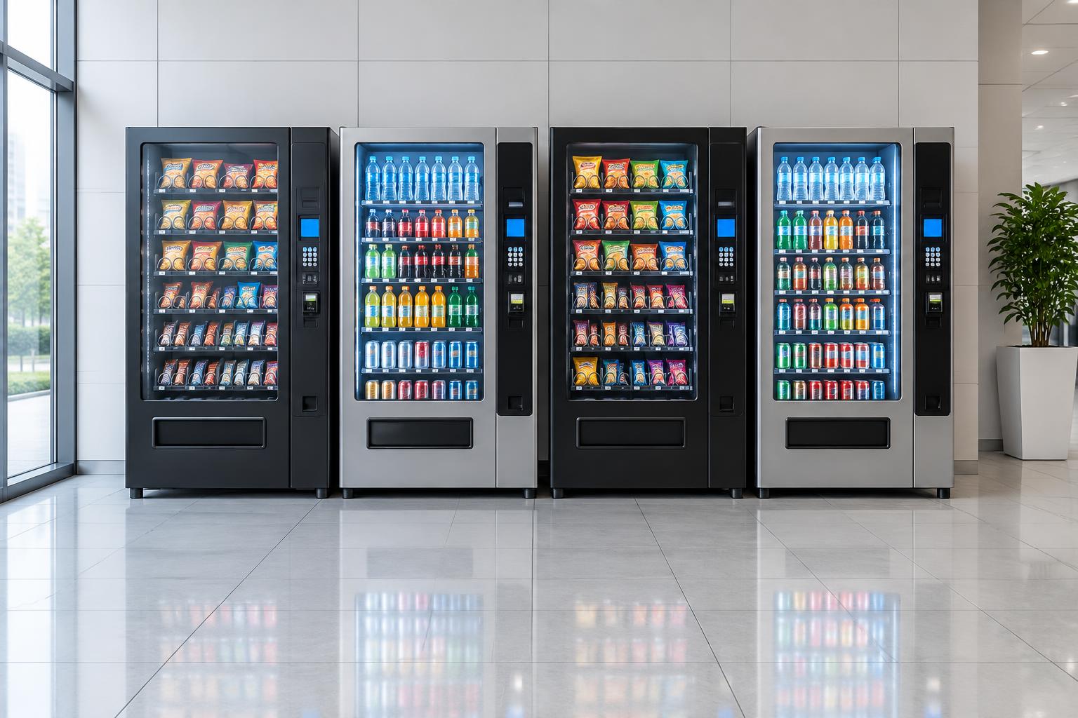 A bank of snack and drink vending machines in a bright lobby