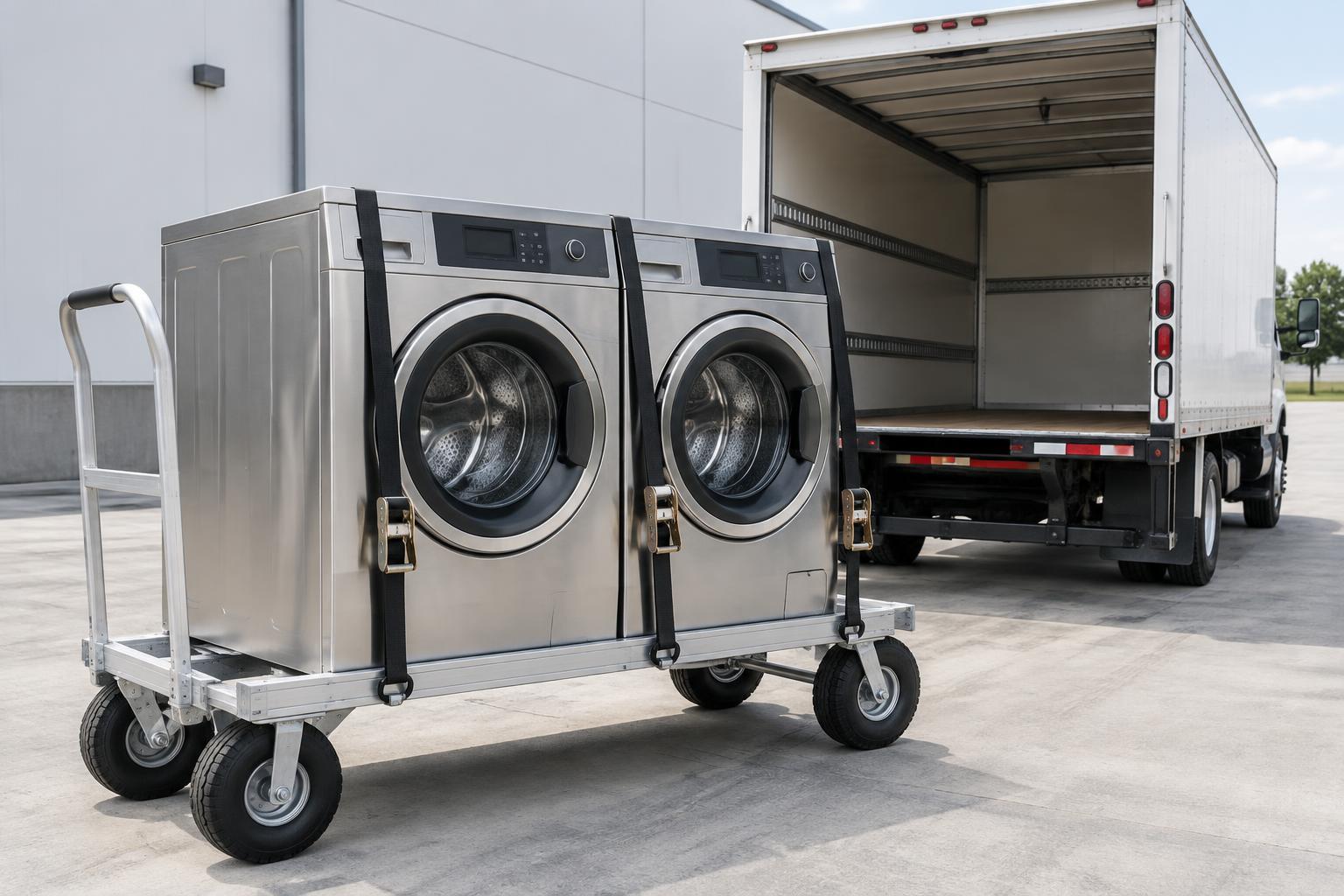 Two commercial washing machines strapped to a hand truck beside a box truck